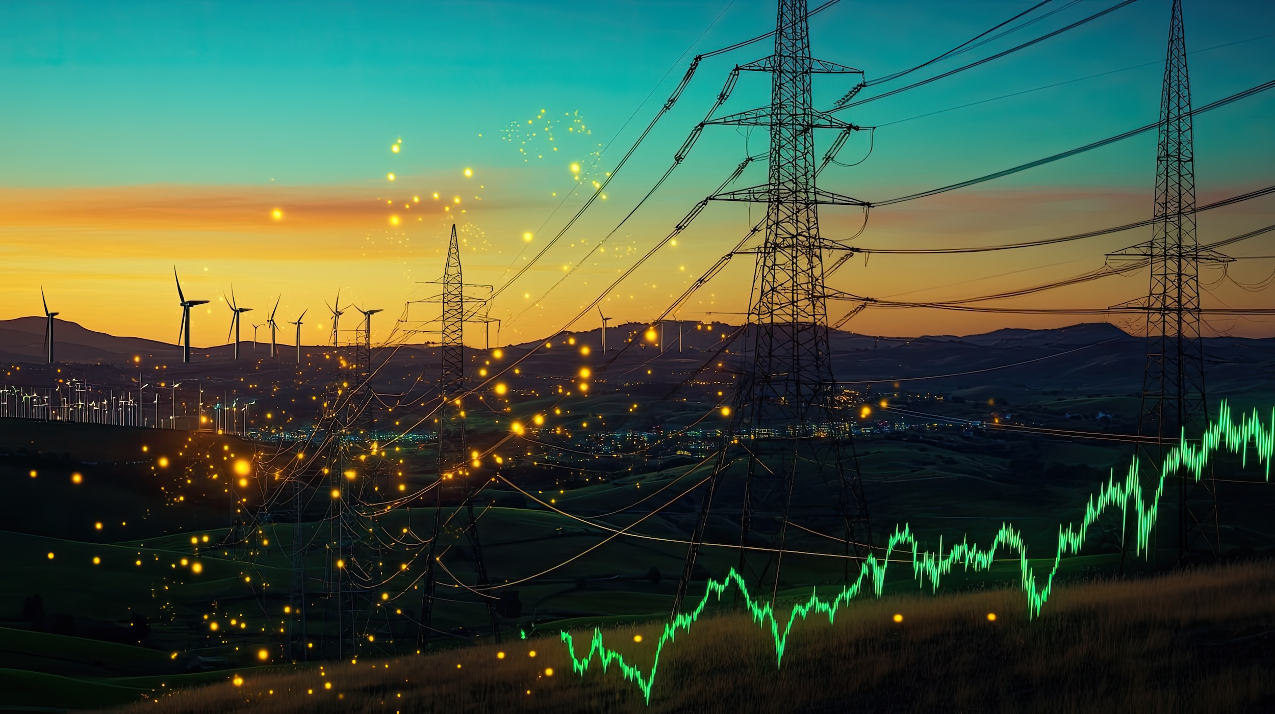 Blurry silhouette of an electrical power transmission tower at sunset